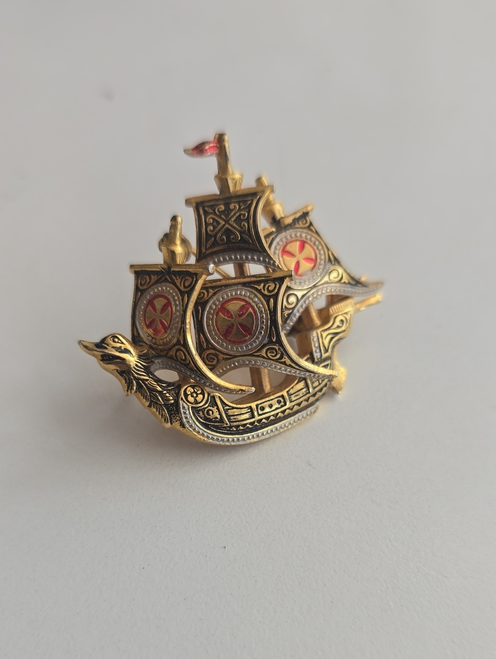 VTG Spain Gold-tone Dragon Ship Brooch with Red Enamel Accents